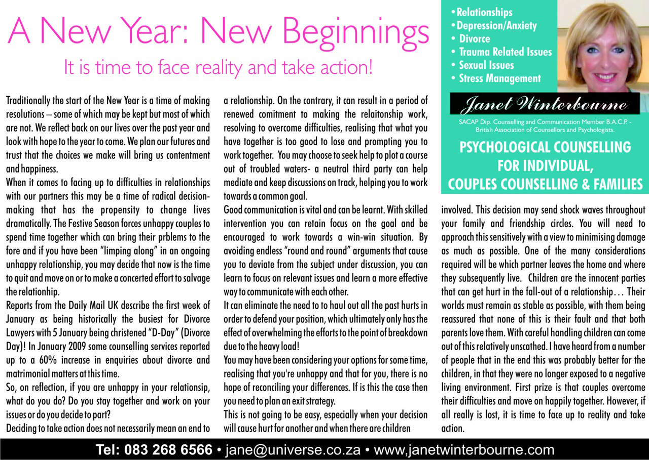 A New Year - New Beginnings Psychologist Cape Town A New Year - New Beginnings Psychologist Cape Town